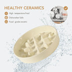 8.2inch Ceramic Dog Raised Slow Feeder Set, Elevated Bowl with Wooden Stand for Large and Medium Dog, Slow Feeder Dish for Fast Easters, Anti-Gulping(Beige, Single Bowl+ Stand)