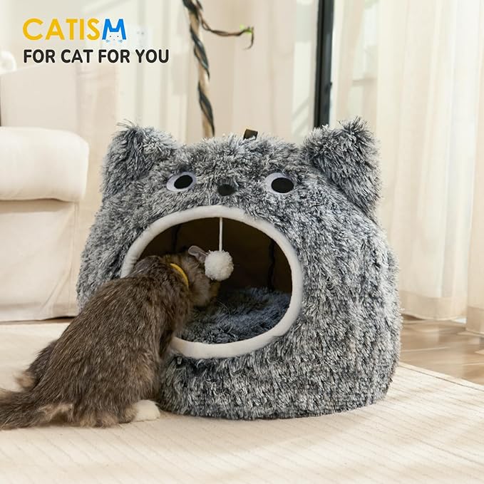 CATISM Cat Bed, Cat Beds for Indoor Cats, Cat Cave, Cat Cave for Indoor Cats, Cat Bed Cave, Large Cat Beds, Cozy Hooded Cat Bed with Soft Cushion, Removable Washable Cat Beds Keep Warm