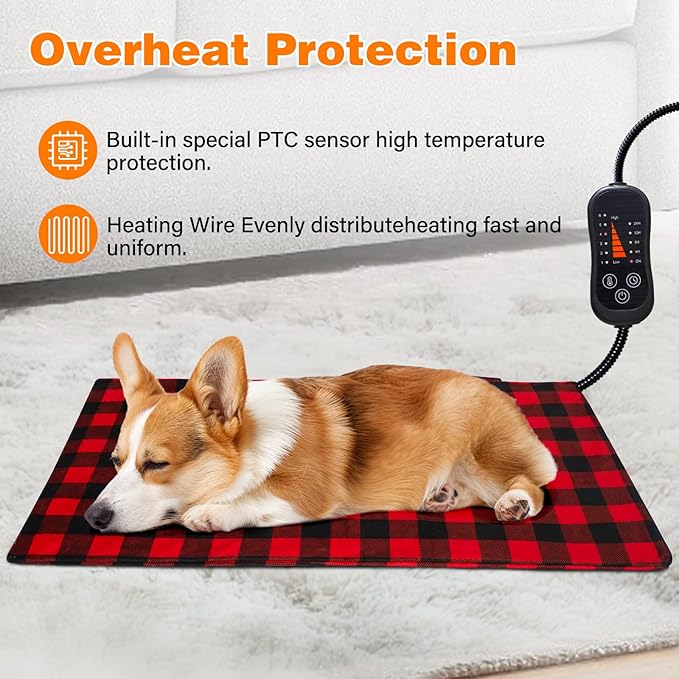 Pet Heating Pad, Adjustable Temperature Heated Dog Bed with Timer, Outdoor Waterproof Heated Pad with Anti-Chew Cord, Overheat Protection Warming Mat for Small and Medium Dogs (M:15.7"x27.6")