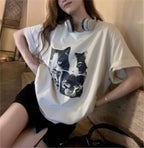 Y2k Oversized Graphic Print Tees Shirts Cat Print Tee Vintage Fruit Baggy Tshirt Coastal Streetwear Cat Print Tee
