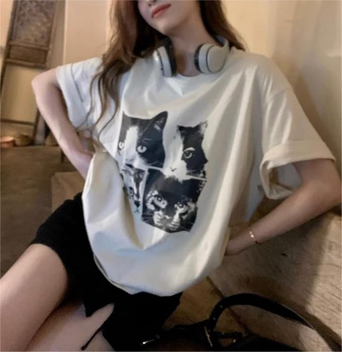 Y2k Oversized Graphic Print Tees Shirts Cat Print Tee Vintage Fruit Baggy Tshirt Coastal Streetwear Cat Print Tee