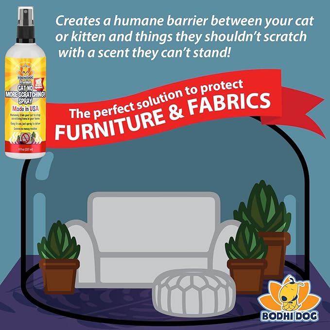 Bodhi Dog No More Scratching! Cat Deterrent Spray, Indoor & Outdoor Repellent w/Essential Oils - Safe & Effective Formula - Prevents Scratches on Furniture, Protects Surfaces - Made in USA (8 Fl Oz)