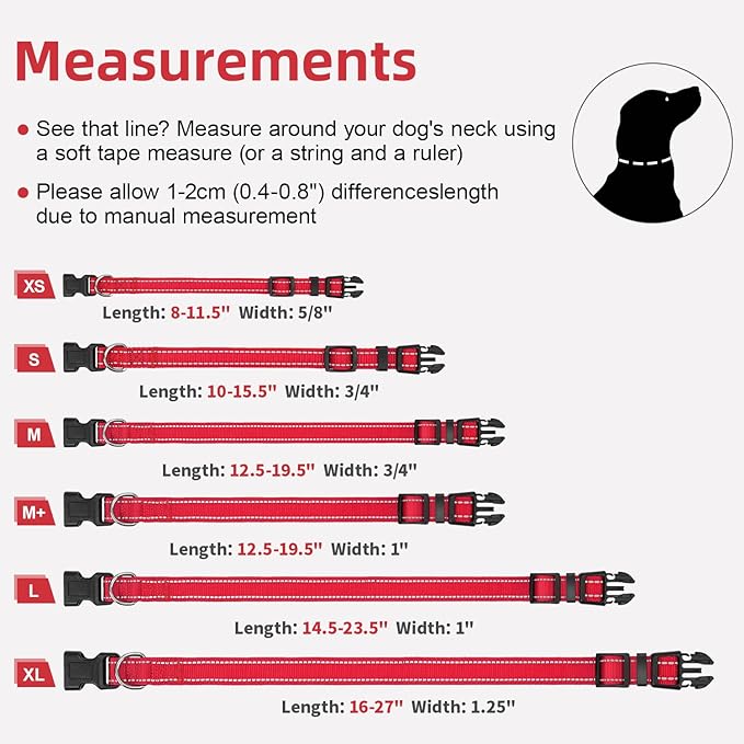 Reflective Dog Collar, Soft Neoprene Padded Nylon Pet Collar with Quick-Release Buckle, Adjustable for Mediunm Dogs,Red,M, 3/4" Width