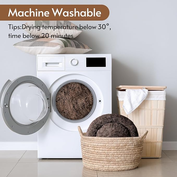 JOLLYVOGUE Calming Dog & Cat Bed for Small Dogs, Anti-Anxiety Donut Cuddler Cozy Soft Round Bed with Anti-Slip Bottom, Fluffy Faux Fur Plush Cushion Beds for Small Medium Dogs (27")