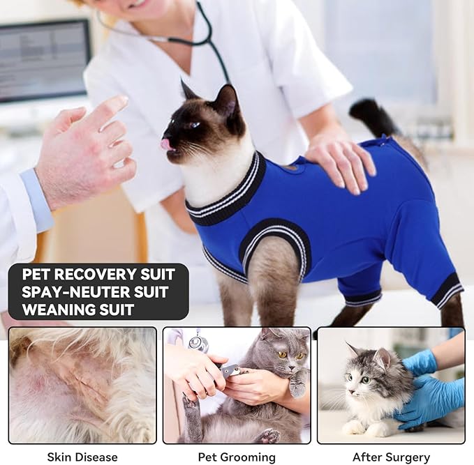 T'CHAQUE Cat Clothes Surgery Recovery Suit for Female Male, Cat Onesie Pet Surgical Pajamas Hind Legs Long Sleeve, Abdominal Wound Skin Diseases, E-Collar Alternative, Spay Recovery Suit, RoyalBlue-M