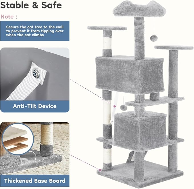 DUMOS 54-inch Indoor Cat Tree Tower –Multi-Level Pet House for Large Cats with 2 Condos, Scratching Posts, Round Platform, Small Ladder, and Toys, Light Grey