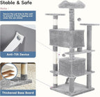 DUMOS 54-inch Indoor Cat Tree Tower –Multi-Level Pet House for Large Cats with 2 Condos, Scratching Posts, Round Platform, Small Ladder, and Toys, Light Grey