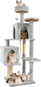 58.5inch Large Cat Tree Tower Condo for Indoor Cats, Soft Plush Multi-Level Climbing Tree Cat House, Scratching Post, More Entrance/Exit, Sisal Rope, Light Grey