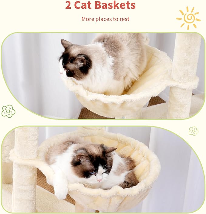 Hey-brother Cat Tree Tower, Scratching Posts with Extra Large Platform, Specious Condo, 2 Cozy Hammocks, Self-Grooming Brush for Indoor Adult Cats, Maine Coon 51.1 inches, Beige MPJ070M