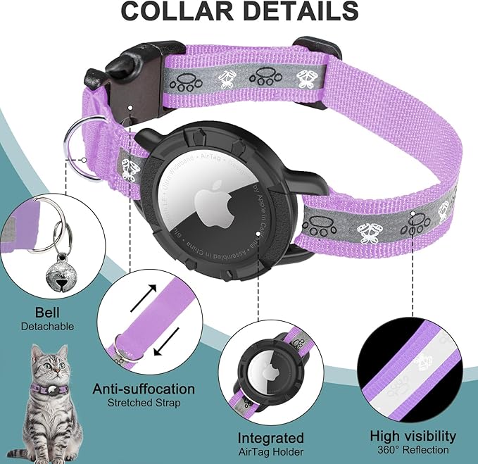 Reflective AirTag Cat Collar, Integrated Cat Tracker Collar with Air Tag Holder and Bell, Safety Elastic Band Cat GPS Collars for Girl Boy Cats, Kittens and Puppies (Lilac,S)