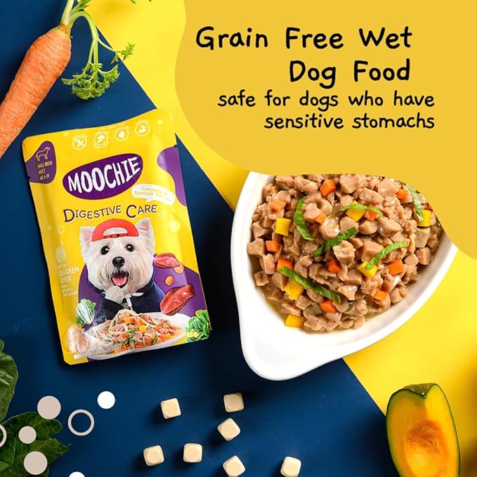 MOOCHIE Grain Free Small Dogs Wet Dog Food - Digestive Care - Real Chicken, Beef & Vegetable - No Artificial Flavors or Preservative - 12 x 3 oz Pouch