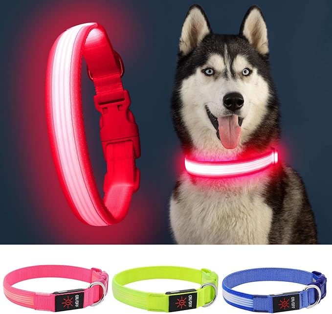 YFbrite Light up Dog Collar, USB Rechargeable LED Puppy Collar Super Bright Adjustable Glowing Dog Lights for Night Walking (Design 2- Pink, Large)