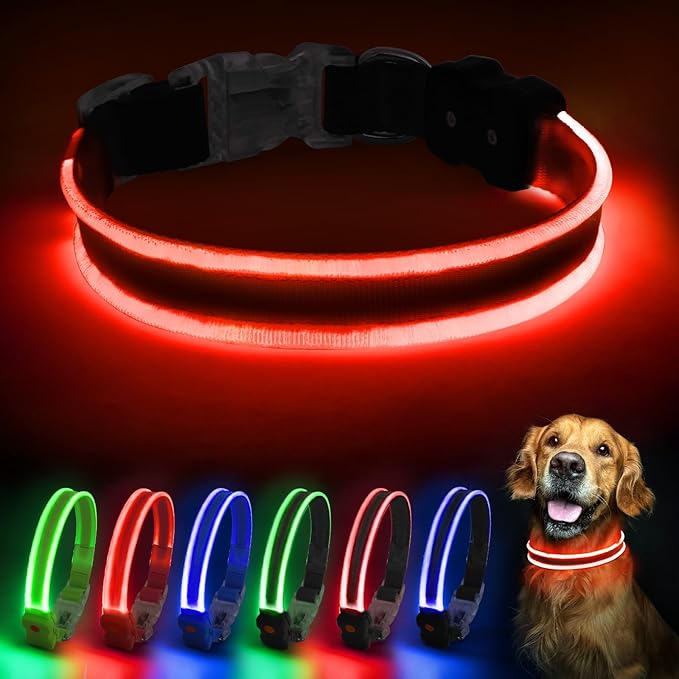 PcEoTllar Light up Dog Collars Rechargeable, LED Dog Collar Night Walking, Waterproof Flashing Glow in The Dark Dog Collars, Adjustable Dog Lights for Large Small Medium Dogs Red-L