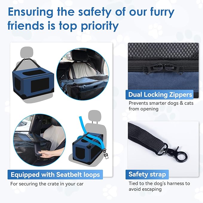 Soft Collapsible Dog Crate - 24 inch Portable Travel Puppy Crate for Small Pets or 2 Cats, Pet Carrier with 4 Mesh Doors, Car Kennel for Dogs with Handle for Indoor and Outdoor, Bule