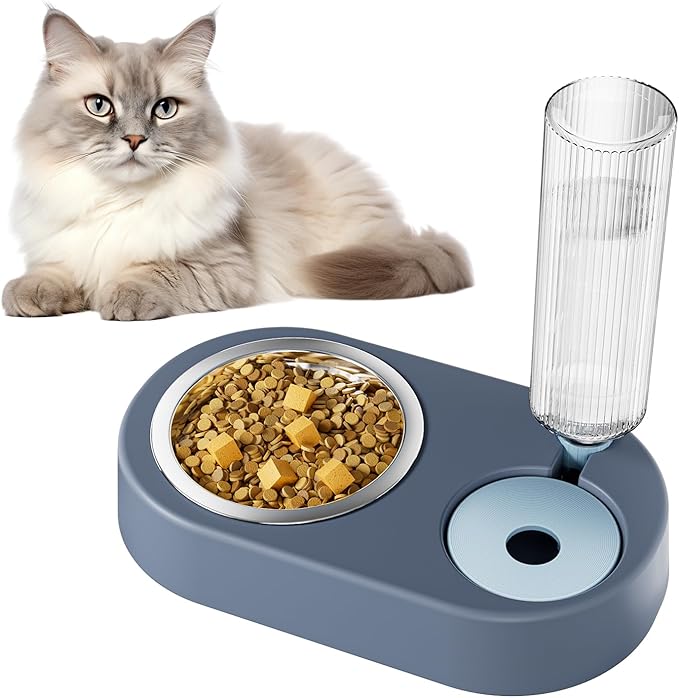 Automatic Dog Cat Food and Water Dispenser Set, Pet Food Bowl Set with Automatic Waterer Bottle for Small or Medium Size Dogs Cats Large Water Capacity(23oz) Blue