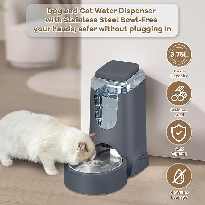 Automatic Cat Feeder Water Dispenser with Stainless Steel Bowl Dog Gravity Food Waterer for Small Medium Pets 1 Pack (Dark Grey)