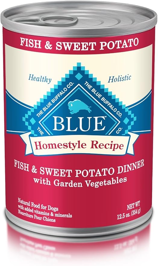 Blue Buffalo Homestyle Recipe Adult Wet Dog Food, Made with Natural Ingredients, Fish & Sweet Potato Dinner With Garden Vegetables, 12.5-oz can (Pack of 12)