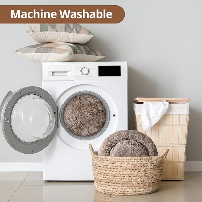 JOLLYVOGUE Calming Dog & Cat Bed for Small Dogs, Anti-Anxiety Donut Cuddler Cozy Soft Round Bed with Anti-Slip Bottom, Fluffy Faux Fur Plush Cushion Beds for Small Medium Dogs, 23"/Smoke Brown