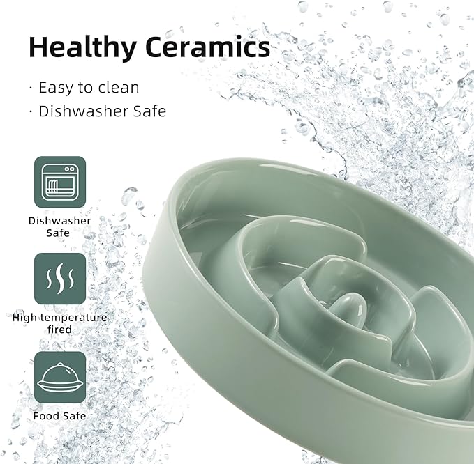7.3inch Ceramic Slow Feeder Dog Bowl for Medium and Large Breed, Puzzle Dog Food Dish, Anti-Gulping, Pet Slow Feeder, Stop Bloat, Preventing Choking (Single Bowl-Light Green)