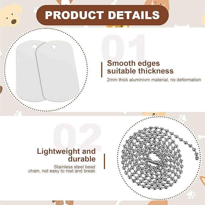 100 Pcs Personalized Dog Tags Set Including 50 Pcs Aluminum Blank Dog Tags for Engraving 50 Ball Steel Chain Rectangle Metal Blank Stamping Label for DIY Craft(Silver)