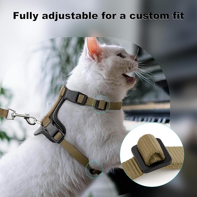 Plutus Pet Adjustable Cat Harness and Leash Set, Quick Release, Escape Proof Nylon Vest with Leather Trim for Kitten, Small Medium Large Cats, Brown