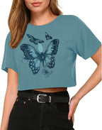 Womens Summer Crop Tops Short Sleeve Round Neck T-Shirts Loose Fit Casual Blouse