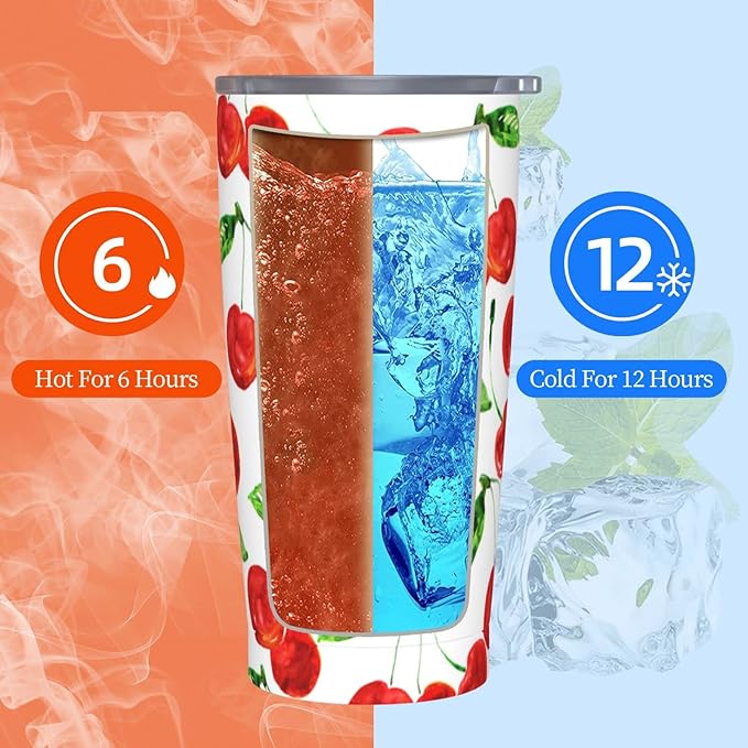 Dujiea 20oz Tumbler With Lid And Straw, Sweet Red Cherry Vacuum Insulated Iced Coffee Mug Reusable Travel Cup Stainless Steel Water Bottle