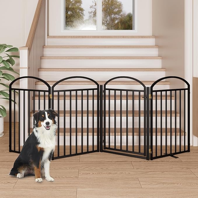 4 Panels Full Matel Freestanding Dog Gates with Door, 96"Extra Wide 32"Tall Free Standing Dog Pet Gate for Indoor & Outdoor. Foldable Pet Fences for Doorways, House, Stairs, Porch, Deck, Yard