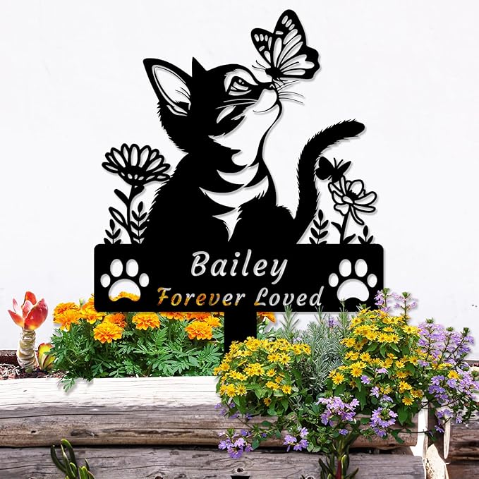 Custom Flower Cat Memorial Grave Marker Stake, Personalized Pet Grave Marker Metal Engraved Sign Butterfly Cat Memorial Garden Stake, Customized Name Cat Remembrance Stake Cat Memorial Gift