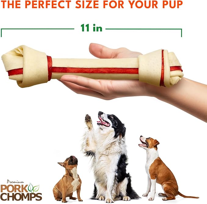 Pork Chomps Baked Pork Skin Dog Chews, 11-inch Knots, Bacon Flavor Strip, 4 Count