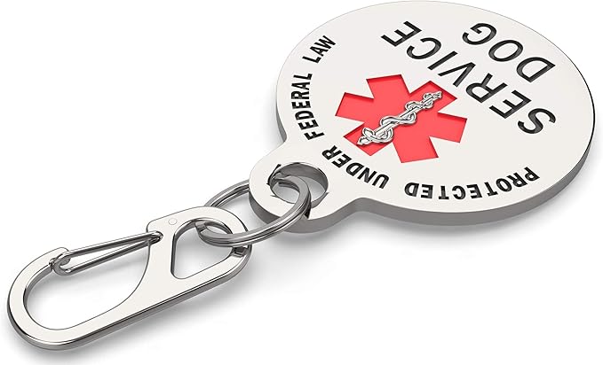 Service Dog Tag Double Sided with Federal Protection & Red Medical Alert Symbol | 1.25 Inch Durable Pet ID Tags | Easily Attach to Collar, Harness, Vest | Service Dog Identification Tag