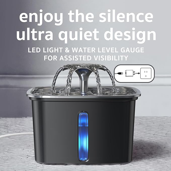 Veken Innovation Award Winner Stainless Steel Cat Water Fountain, 95oz/2.8L Automatic Pet Fountain Dog Water Dispenser with Replacement Filters & Silicone Mat for Cats, Dogs (Space Black)