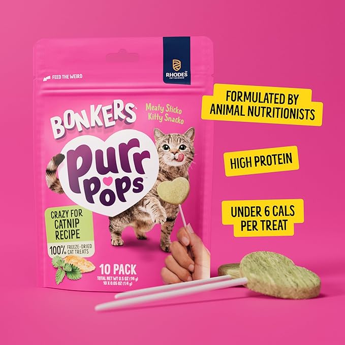 Bonkers Purrpops, Freeze Dried Catnip Flavor Lollipop Cat Treats, Healthy Single Ingredient Treats, Training Treats or Food Topper, for All Breeds and Ages, Value Pack (13 Pack, 52 Pieces)