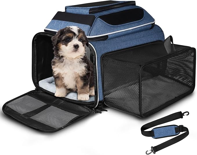 Petskd Top and Side Expandable Pet Carrier 18x11x11 Inches Delta United Airline Approved, Soft-Sided Carrier for Small Cats and Dogs with Locking Safety Zippers and Anti-Scratch Mesh(Blue)