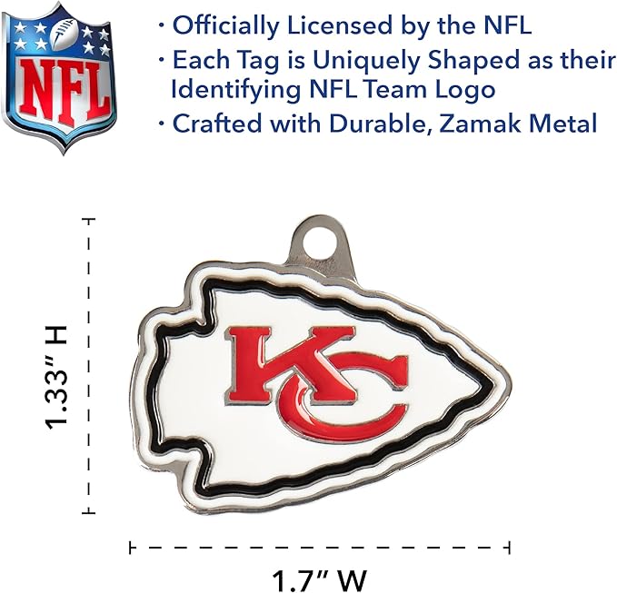 Kansas City Chiefs Personalized Pet ID Tags, Engraving 3 Lines Text, 32 NFL Team Logo Shapes, Stainless Steel