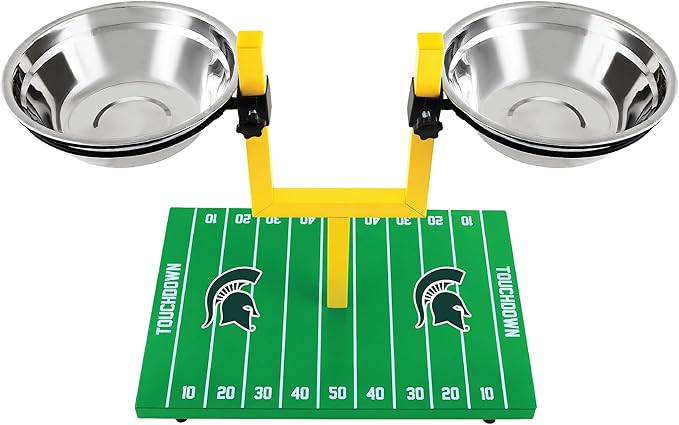 NCAA Michigan State Spartans Goalpost Football Field Dog Feeder – Adjustable Elevated Dog Bowls with Stand, 2 Stainless Steel Bowls, Non-Slip Rubber Feet, Raised Pet Feeder for Large & Small Dogs