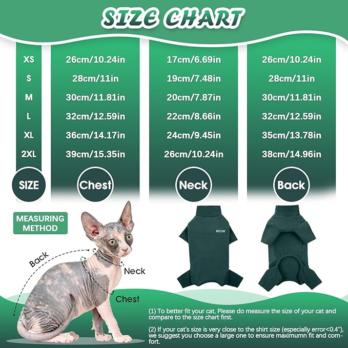 ROZKITCH Sphynx Cat Clothes, Breathable Soft Cat Jumpers for Cats Only, Coat with Four Legs, Warm Sweater T-Shirt Pajamas Jumpsuit Vest Cornish Rex Devon Rex Peterbald DarkGreen M