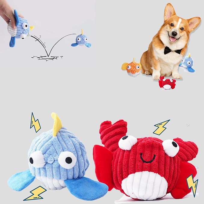Squeak Dog Toys for Aggressive Chewers, No Stuffing Squeak Dog Chew Toys for Aggressive Chewers, Interactive Dog Toy Ball with Crinkle Paper for Medium Dogs, Large & Small Breeds (D-Crab+Whale)