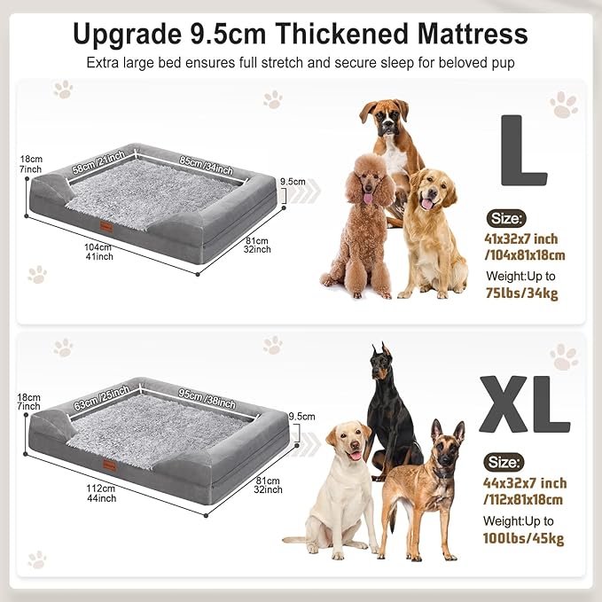 Gimars 3.7in Thickened Orthopedic Dog Bed for Large Dogs, Supportive Washable XL Dog Sofa Bed with Bolster & 28D Egg-Crate Mattress, Waterproof Lining for Anti Chewing & Biting