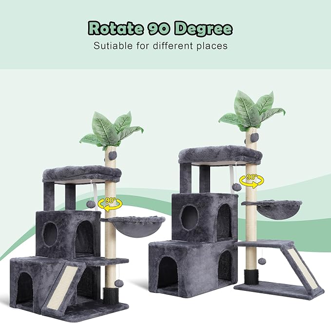 Cat Tree for Indoor Cats Large Adult, Heavy Duty Cat Tower for Big Cats, Cat Tree House with Self Groomer Brush, Big Padded Top Perch, Scratching Post, Hammock, Smoky Gray GCT012G