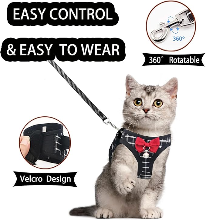 Cat Leash and Harness Set,Breathable Dog Harness,Pet Harness,Adjustable Mesh cat Harness and Leash Escape Proof for Puppy Cat Rabbit (Black, XXS)