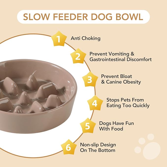 Ceramic 7.3 inch Dog Bowl Slow Feeder, Slow Pet Food Dish for Medium and Small Dog, Stop Bloat, Preventing Choking(Single Bowl, Brown Coffee)