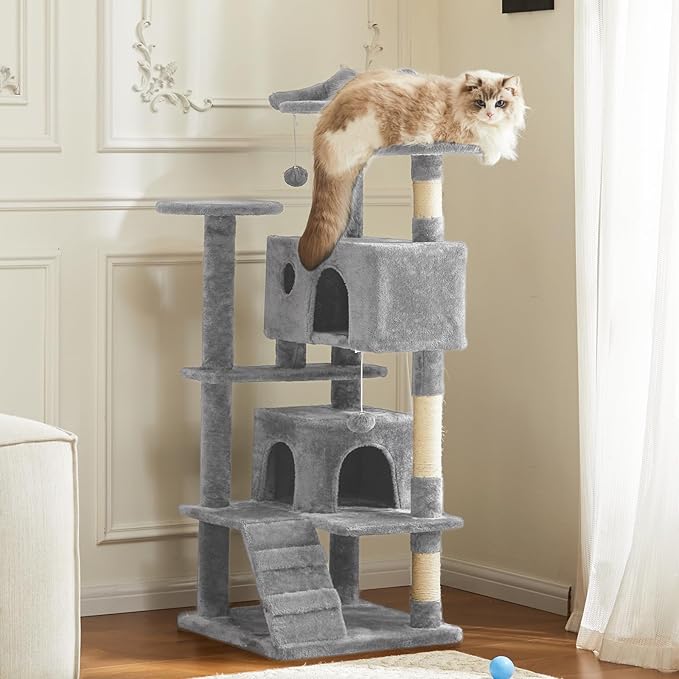 Sweetcrispy 54 Inch Cat Tree Tower, Multi-Level with Cat Scratching Post, Indoor Cat Condo with Climbing Ladder, Plush Toy, Play House for Cat, Light Grey