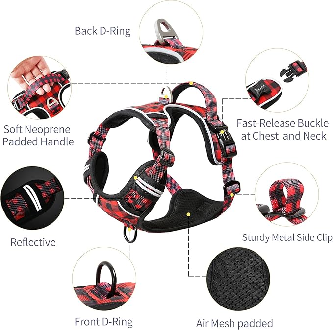 HEELE Dog Harness, No Pull Adjustable Padded Reflective Harness for Small Medium Large Dogs with Handle for Walking Training, Checkered-Red, L