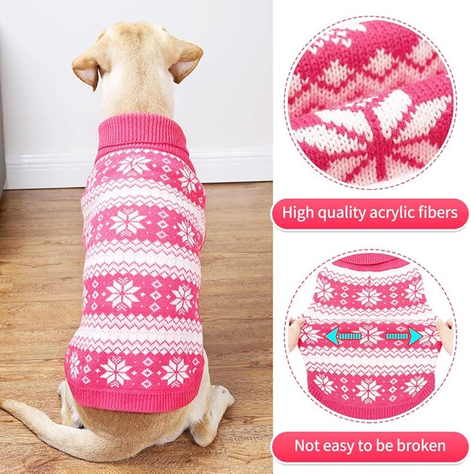 KOOLTAIL Cable Knit Dog Sweater Turtleneck, Cold Weather Pullover Classic Knitwear, Snowflake Pattern Thick Warm Winter Pet Clothes,Dog Christmas Sweater for Small Medium Large Dogs,Pink XL