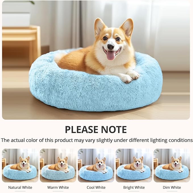JOLLYVOGUE Calming Dog & Cat Bed for Large Dogs, Anti-Anxiety Donut Cuddler Cozy Soft Round Bed with Anti-Slip Bottom, Fluffy Faux Fur Plush Cushion Beds for Medium Dogs (36")