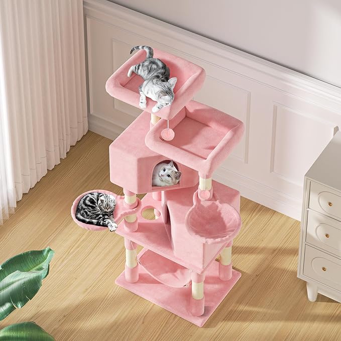 MoNiBloom 58 Inch Cat Tree Tower for Indoor Cats Large Adults, Pink Cat Tower with Scratching Post & Hammock, Pet Play House with Cat Condo, Soft Pink