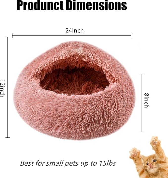 Calming Dog Beds & Cat Cave Bed with Hooded Cover,Washable Round Beds for Small Medium Pets,Anti-Slip Faux Fur Fluffy Coved Bed,Comfortable Warming Pet Bed(24 * 24inch,Leather Pink)