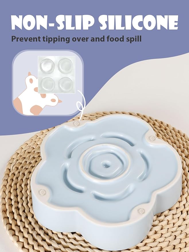 Ceramic Slow Feeder Dog Bowl, Anti-Choking Slow Food Bowls, 8" 11.3oz Slow Feeder for Medium, Large Breeds, Plum Puzzle Design, Non-Slip Silicone, Dishwasher and Microwave Safe, Blue