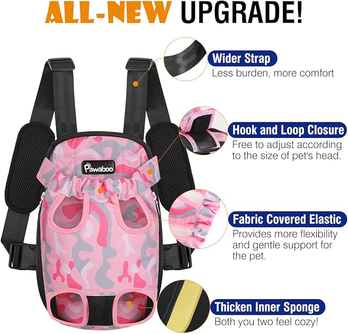 Pawaboo Pet Carrier Backpack, Adjustable Pet Front Cat Dog Carrier Backpack Travel Bag, Legs Out, Easy-Fit for Traveling Hiking Camping for Small Medium Dogs, Large Size, Pink Camouflage